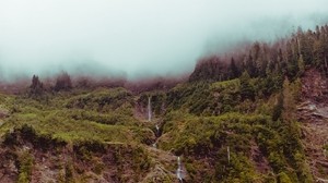 waterfall, mountain, cliff, fog, sky - wallpapers, picture