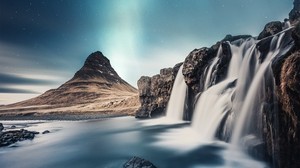 waterfall, mountain, river, sky, stones - wallpapers, picture