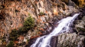 waterfall, mountains, stones, hdr
