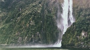 waterfall, mountains, cliff, river