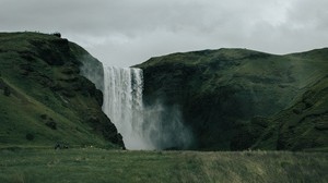 waterfall, hills, landscape, grass, greens - wallpapers, picture