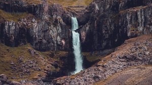 waterfall, stones, mountains