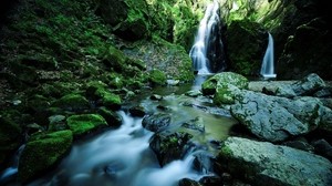 waterfall, stones, moss, water