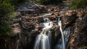 waterfall, stones, cliff, course, grass