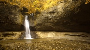 waterfall, stones, sand, forest