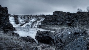 waterfall, stones, porous, grayness, gloomy, grass, stale - wallpapers, picture