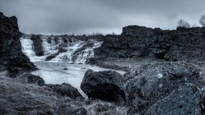 waterfall, stones, porous, grayness, gloomy, grass, stale