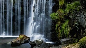 waterfall, stones, vegetation, moss, jets, wall - wallpapers, picture