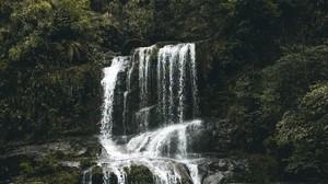 vattenfall, stenar, flöde, vatten, mossa, vegetation
