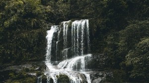 waterfall, stones, flow, water, moss, vegetation