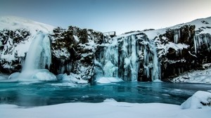 waterfall, ice, snow, winter, cliff, dusk - wallpapers, picture