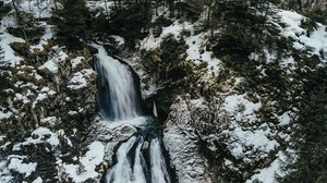 waterfall, ice, top view, snow, winter, forest, trees, branches