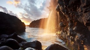 waterfall, rays, the sun, light, reflection, rocks