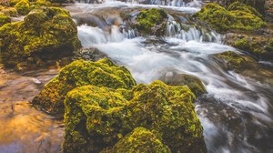 waterfall, moss, stones, flow
