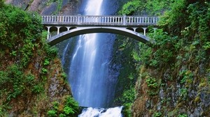 waterfall, bridge, rocks, vegetation, leaves, humidity, landscape
