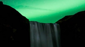 waterfall, night, northern lights, stars, sky, green