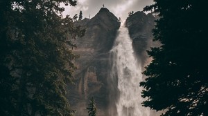 waterfall, cliff, trees, water, rock