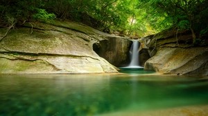 waterfall, cliff, stone, water, trees, forest - wallpapers, picture
