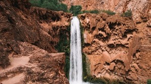 waterfall, cliff, stones