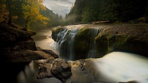 waterfall, cliff, stones, trees - wallpapers, picture