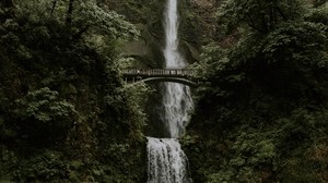 waterfall, cliff, bridge, trees, water