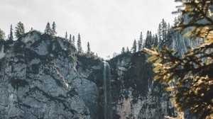 waterfall, cliff, rock, trees, landscape