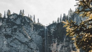 cascata, scogliera, roccia, alberi, paesaggio