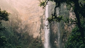 waterfall, cliff, water, spray, fog