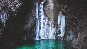 waterfall, lake, mountains