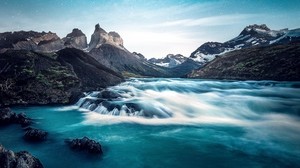 vesiputous, järvi, kallioita, torres del Paine, kansallispuisto, chile