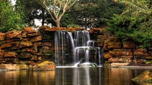 waterfall, park, slabs, pond