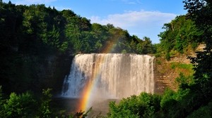 waterfall, rainbow, trees