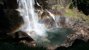 waterfall, rainbow, stones, stream, spray, light, clear