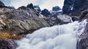 waterfall, river, mountains, rocks, stones