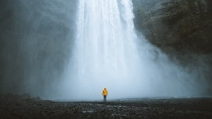 waterfall, silhouette, man, water, cliff