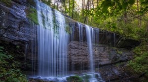 waterfall, rock, grass, trees - wallpapers, picture
