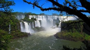 cascada, rocas, árboles, vapor, claro, cielo, azul, agua, sucio