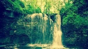 vattenfall, stenar, träd, landskap - wallpapers, picture