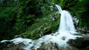 waterfall, rocks, mountains, greens, forest, stream, stones - wallpapers, picture