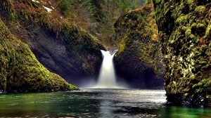 waterfall, rocks, moss, lake, creepy - wallpapers, picture