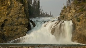 waterfall, rocks, stream, cloudy, clouds, dirty