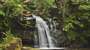 waterfall, rocks, plants, landscape