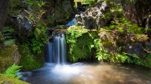 waterfall, rocks, vegetation, innocence