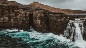 waterfall, cliffs, course, foam, cotton wool, Faroe Islands