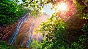 waterfall, sun, glare, bushes, trees - wallpapers, picture