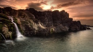 waterfall, dusk, rocks, shore, sky, clouds, emptiness, colors