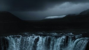 waterfall, flow, fog, dark, cloudy