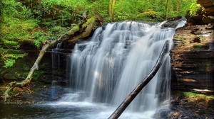 waterfall, grass, moss, river