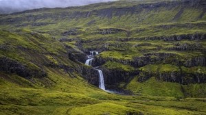 waterfall, grass, sky, nature - wallpapers, picture