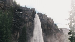 vattenfall, dimma, träd, stenar, landskap